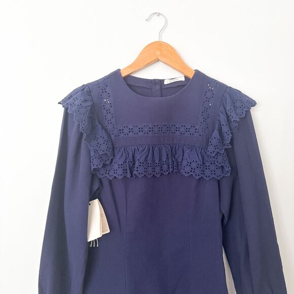 Doen Minore Dress Navy Size S Eyelet Collared Long Sleeve Organic Cotton Cottage - Picture 3 of 13
